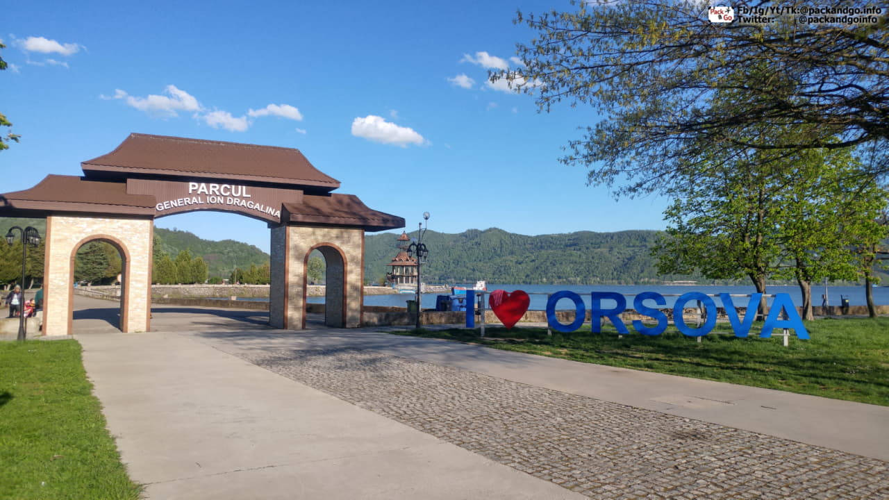 The Entrance of a park with text sign "I love Orsova". Orsova, Romania