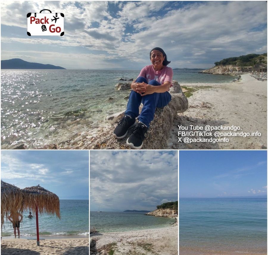 4 Grids Collage, woman on a beach and beach views of Thasos, GR