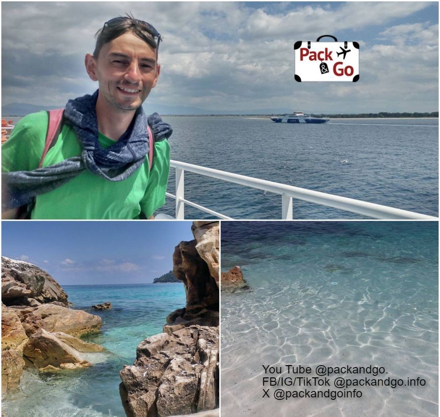 3 grid collage: man on a ferry and nice beach views 