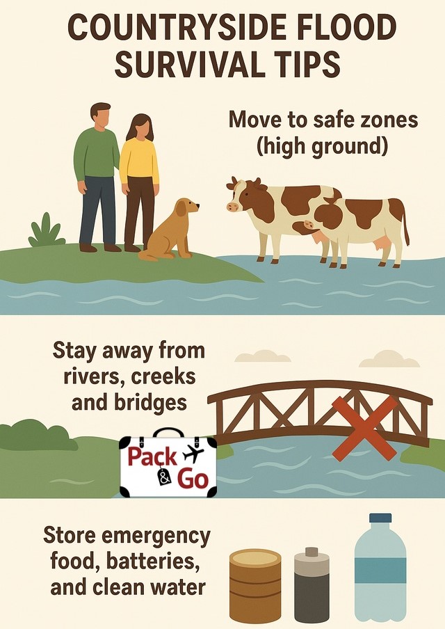 Countryside flood survival tips ,cartoonish style