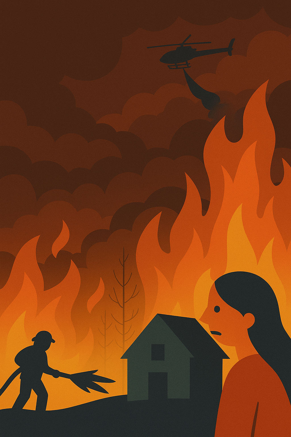 Wildfire occurring, firefighters working to stop it. Image in cartoonish style.