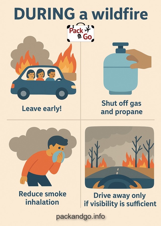 Recommended actions during a wildfire occurs, cartoonish style image